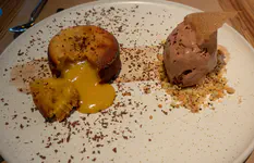 Molten lucuma cake, chocolate ice cream