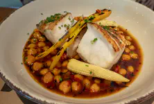 Grilled white fish and demi-glace chickpeas