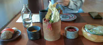 Chuñyo crisps, tree tomato salsa, berry butter, coca leaf bread