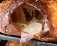The insides of a focaccia