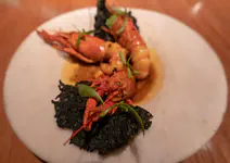 River shrimp (crayfish) tom yum sauce and squid ink flavored sponge