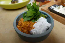 Whipped coconut cream, dried toasted cashew and coconut, macambo (theobroma) and paico (epazote)