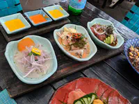 Classic: catch of the day (sea bass), Mixto: seafood and fish in leche de tigre, Nikei: bonito tamarind