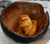Smoked coconut torrija and pineapple ice cream.Torrija is like french toast, what we had instead was a fried breaded coconut puding. There was a coconut ferment "shoyu" in the base.