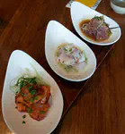 Salmon/rocoto jam, shiromi/scallop/wasabi/lime, "nikkei" tuna/sweet shoyu/cucumber