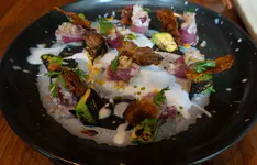 Tuna tataki, almond milk, lulo shrub, crispy sweet potato, seared avocado, onion brunoise