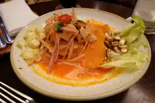 Marinated fish, sweet potato, white corn (chocolo), and parched corn (cancha)