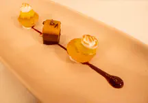Almond madelines with lime and meringue, three layer chocolate